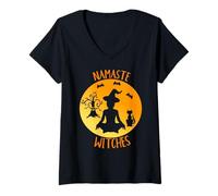 Donna Namaste Witches Halloween Camicia Divertente Yoga Strega Maglietta con Collo a V