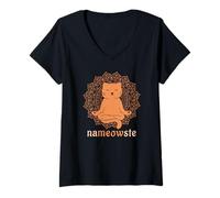 Donna Nameowste - Mandala, Motivo: Gatto in Posa Zen, per Meditazione Maglietta con Collo a V