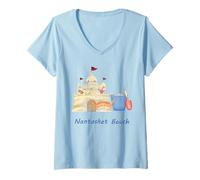 Donna Nantasket Beach Coastal Nautical Sand Castle Cute Crab Maglietta con Collo a V