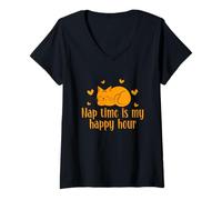 Donna Nap Time Is My Happy Hour - Maglietta Divertente con Gatto Lazy Kitty Maglietta con Collo a V