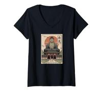 Donna Nara Deer Giappone Retro Todaiji Tempio Giapponese Kanji Souvenir Maglietta con Collo a V