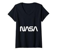 Donna NASA - Logo retrò a Forma di Verme Maglietta con Collo a V