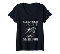 Donna Nascondi la Tua Mamma The Alpha is Here Wolf Maschio Werwolf Meme Maglietta con Collo a V