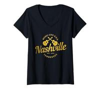 Donna Nashville Tennessee Country Music City Chitarra Vintage Nash Maglietta con Collo a V