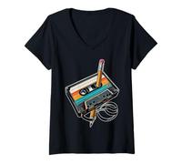 Donna Nastro a cassetta vintage a matita, stile nostalgico, anni '80 e '90 Maglietta con Collo a V