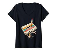 Donna Nastro a cassetta vintage a matita, stile nostalgico, anni '80 e '90 Maglietta con Collo a V