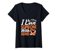 Donna Nastro Arancione con Freccia a Forma di Cuore «I Love Someone with ADHD Awareness» Maglietta con Collo a V