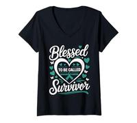 Donna Nastro Color Foglia di tè con Scritta Blessed to Be Callled Ovaric Cancer Survivor Maglietta con Collo a V