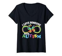 Donna Nastro con Farfalla I Love Someone with Autism Awareness Maglietta con Collo a V