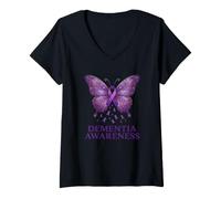 Donna Nastro di Supporto per la consapevolezza della demenza con Farfalla Viola Maglietta con Collo a V
