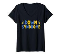 Donna Nastro Giallo Blu Motivazionale per la consapevolezza della sindrome di Down Maglietta con Collo a V