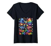 Donna Nastro Puzzle Her Fight Is My Fight Autism Maglietta con Collo a V