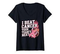 Donna Nastro Rosa con Scritta I Beat Cancer Your Team's Next Football Maglietta con Collo a V