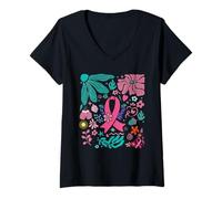 Donna Nastro rosa floreale Boho per la consapevolezza del cancro al seno Maglietta con Collo a V