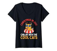 Donna Natale a luglio Chillin Con Cool Cats Divertente Catmas Maglietta con Collo a V