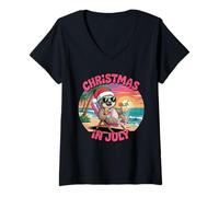 Donna Natale A Luglio Sloth Island Tropical Holiday Maglietta con Collo a V