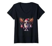 Donna Natale Alce Babbo Natale Cappello Ornamenti Gioia Maglietta con Collo a V