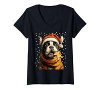 Donna Natale Boston Terrier Cappello di Babbo Natale Gingerbread Cookie Snow Maglietta con Collo a V