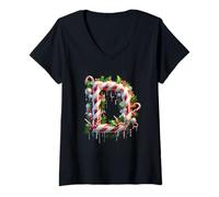 Donna Natale Candy Cane Lettera D Maglietta con Collo a V