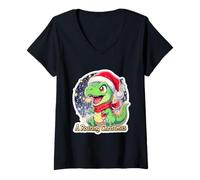 Donna Natale Dino T-Rex Drago Auguri Roaring Christmas Maglietta con Collo a V
