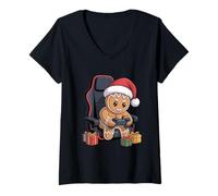 Donna Natale Gingerbread Gamer Carino Vacanza Gaming Boy Bambini Maglietta con Collo a V
