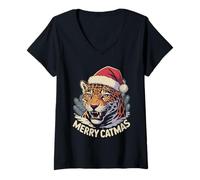 Donna Natale Jaguar Leopard Merry Catmas Maglietta con Collo a V