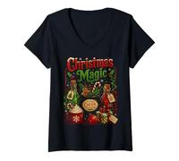 Donna Natale Magia Biscotti caffè Dolci Cibo Natale Maglietta con Collo a V