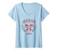 Donna Natale Merry And Bright Bow Maglietta con Collo a V