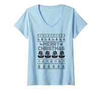 Donna Natale Merry Christmas Feline Pet Meow Love Cats Maglietta con Collo a V
