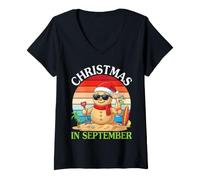 Donna Natale nel Mese di Settembre Sandman Spiaggia Tropicale Tramonto Vacanza Maglietta con Collo a V