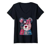 Donna Natale Patchwork Bear Holiday Cheer Maglietta con Collo a V