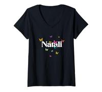 Donna Natali - Bellissimo Nome di Ragazza con Farfalle Colorate Maglietta con Collo a V