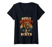 Donna Nato Diverso - Leone Design Retro Maglietta con Collo a V