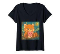 Donna Natura Panda rosso che tiene cuore notte stellata design Maglietta con Collo a V