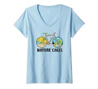 Donna Nature Calls MTB Mountain Bike Gravel Bicycle Riding Cycling Maglietta con Collo a V