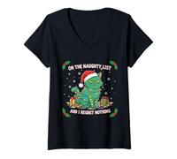 Donna Naughty List - Gatto Natalizio con Scritta in Inglese Naughty List Maglietta con Collo a V