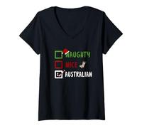 Donna Naughty Nice Australian Australiano Babbo Natale Australia Maglietta con Collo a V