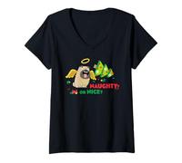 Donna Naughty Or Nice Pets Angel Pug Natale Maglietta con Collo a V