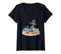 Donna Nautical Anchor Beach Ocean Starfish Seashells Maglietta con Collo a V