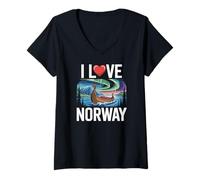 Donna Nave vichinga dell'aurora boreale I Love Norway Maglietta con Collo a V