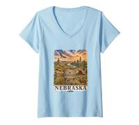 Donna Nebraska Acquerello Prairie Paesaggio Viaggi Design Maglietta con Collo a V