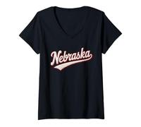 Donna Nebraska Chenille Script State Pride Design Maglietta con Collo a V