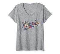 Donna Nebraska Patchwork Script Cute Feminine State Womens Girls Maglietta con Collo a V