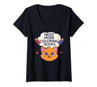 Donna Need More Coloring Books Cute Cat & Colored Pencil Design Maglietta con Collo a V