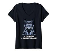 Donna Nei loro occhi un universo di calmo gatto amante felino Pet Meow Maglietta con Collo a V