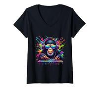Donna Neon Dj Monkey Rave Edm Festival Party Monkey Maglietta con Collo a V