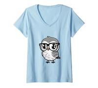 Donna Nerdy Birdy Kawaii carino uccello felice con occhiali animale Maglietta con Collo a V