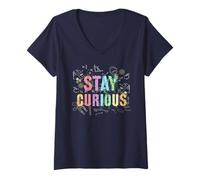 Donna Nerdy Stay Curious Scienza Biologia Crew Insegnante Think Geek Maglietta con Collo a V