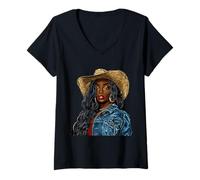 Donna Nero Africano Americano Cowgirl Paese Occidentale Texas Rodeo Maglietta con Collo a V