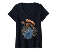 Donna Nero Africano Americano Cowgirl Paese Occidentale Texas Rodeo Maglietta con Collo a V